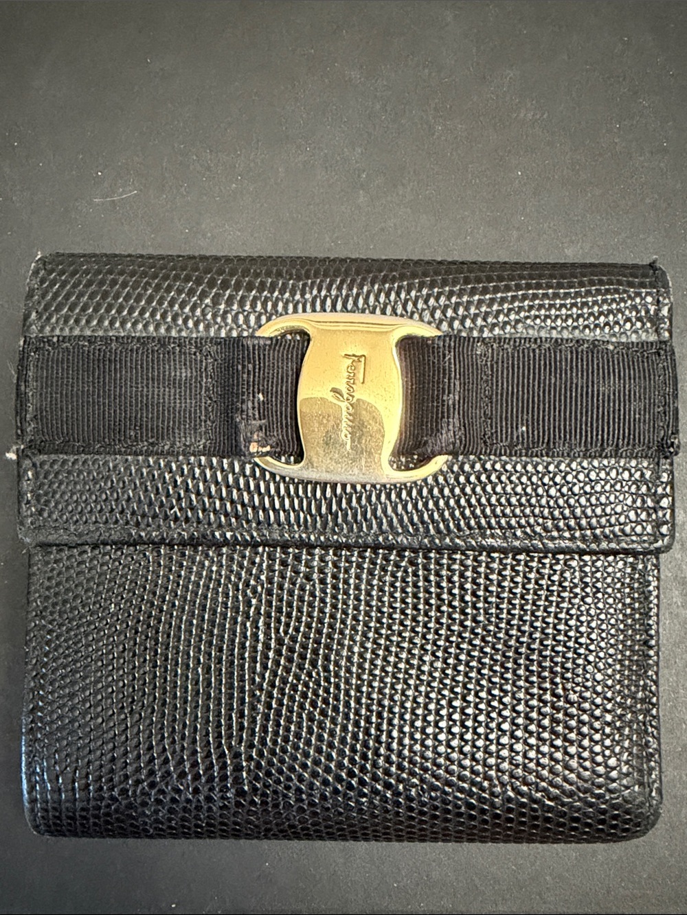 Salvatore Ferragamo Vara Ribbon Black Embossed Leather Bifold Wallet w/ Kisslock